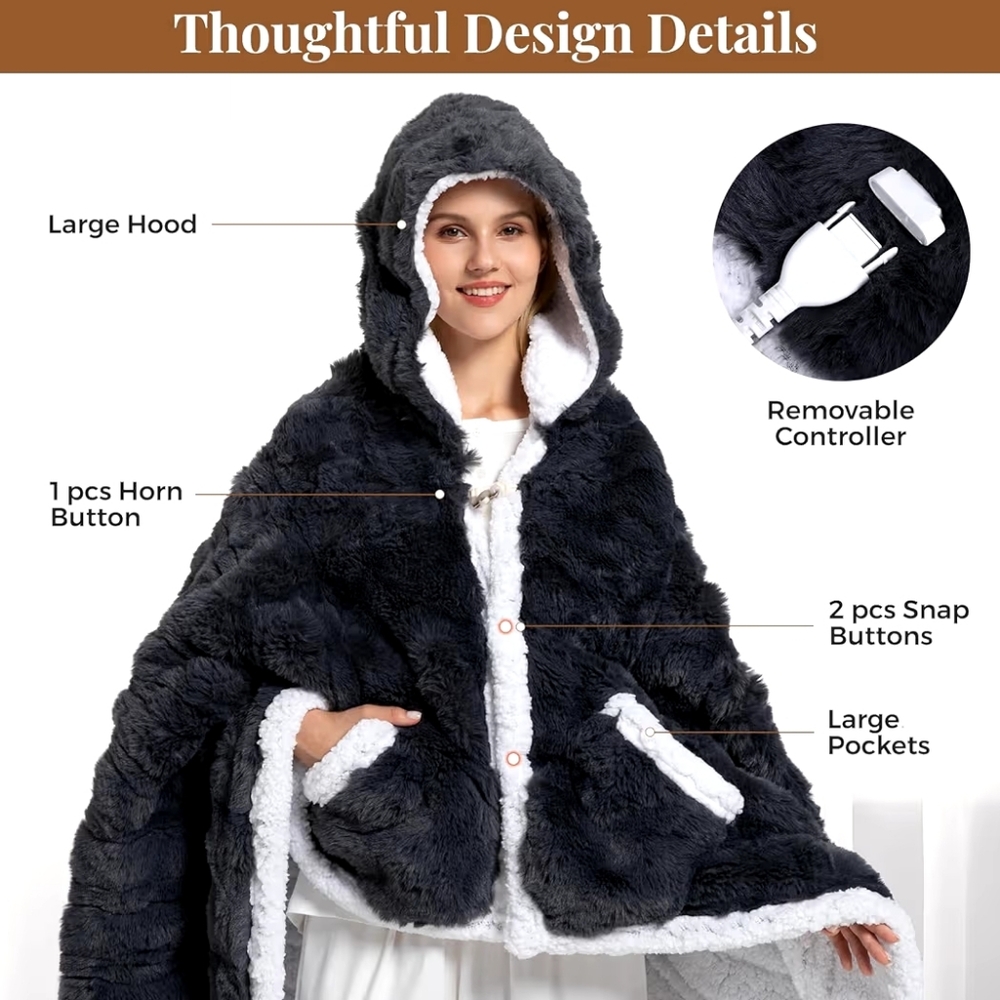 Heated Plush Hooded Wearable Blanket - Black with White Trim - Picture 3 of 4